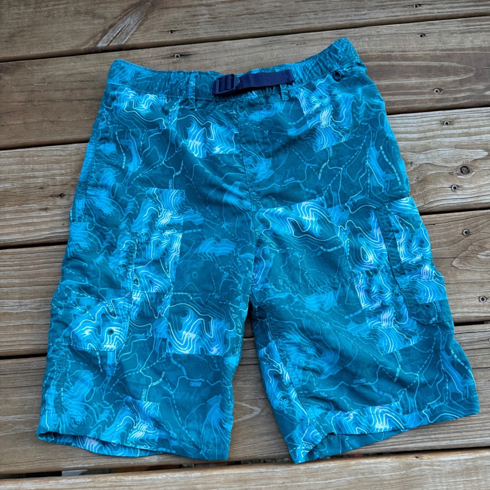 Lands' End Swim Trunks Kids XL 14-16 Teal Excellent Topographic Print‎ Belted